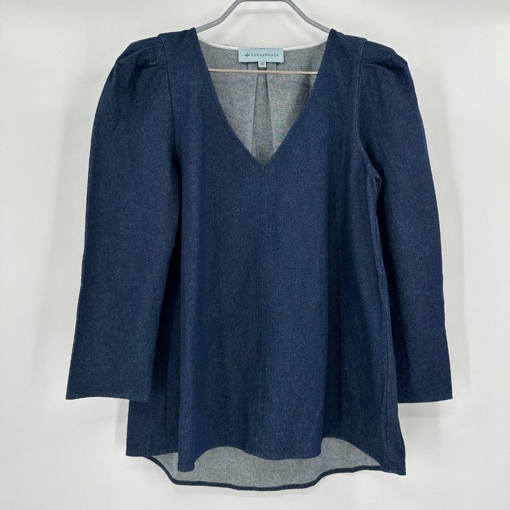 Tuckernuck Denim Blue Tetley Blouse Puff Sleeve sz XS Top Career Casual Women's